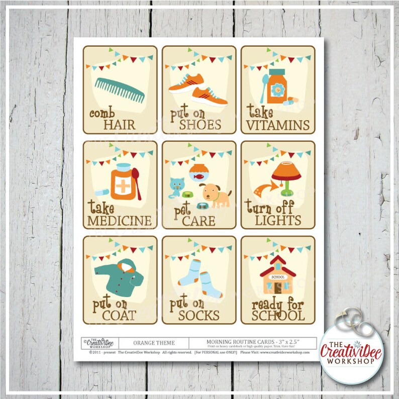 Morning Routine Cards, 18 Cards, Print at Home, Orange image 5