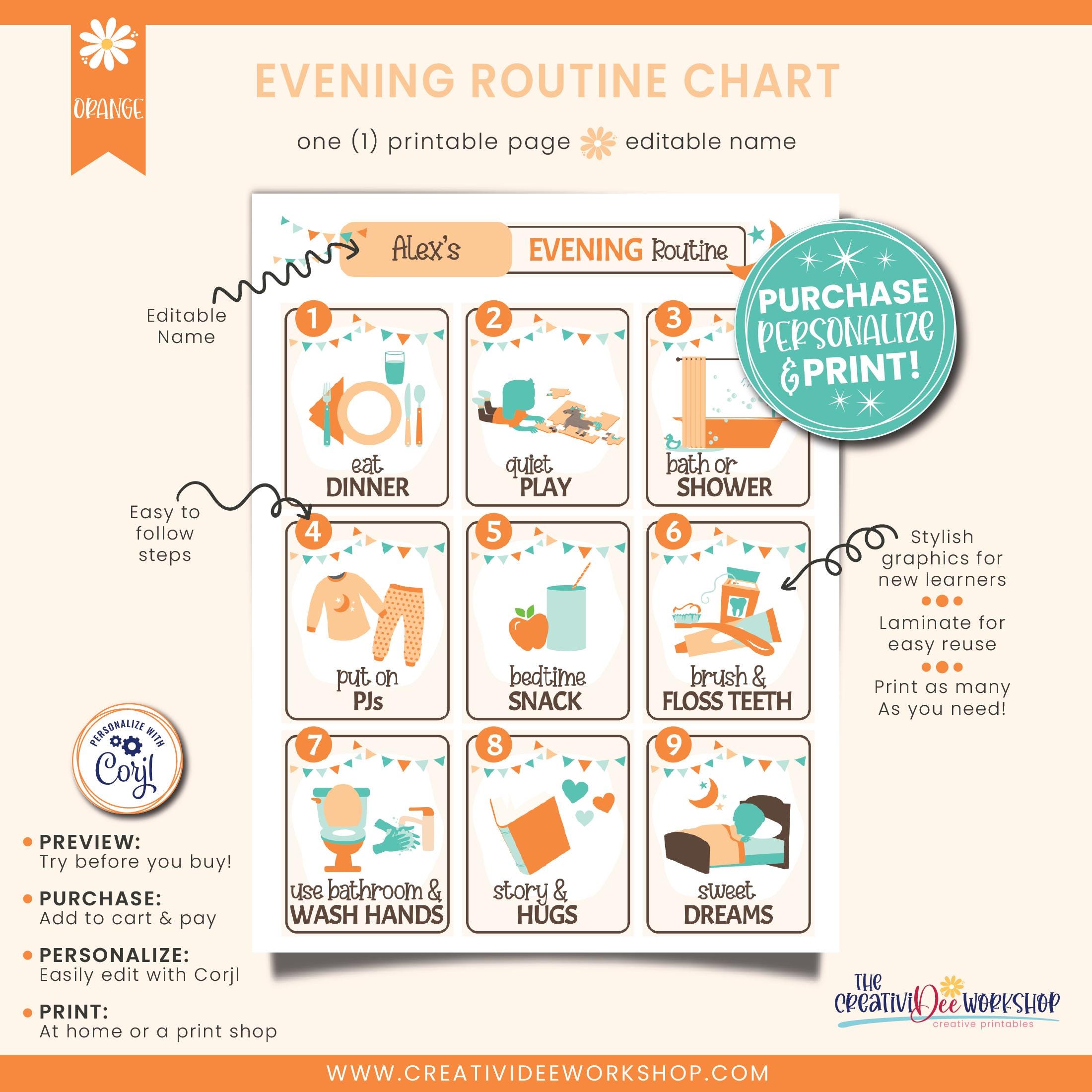 Evening Routine Chart for Children, Orange Daily Bedtime Tasks, Kid's ...