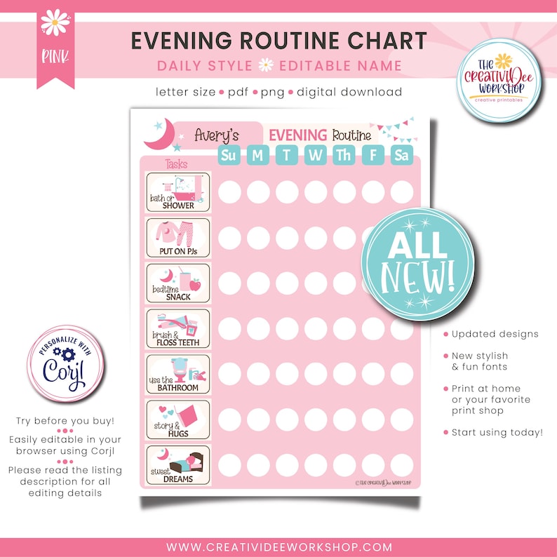 Printable Evening Routine Personalized Evening Routine Chart, Kids Bedtime Checklist (printable ...