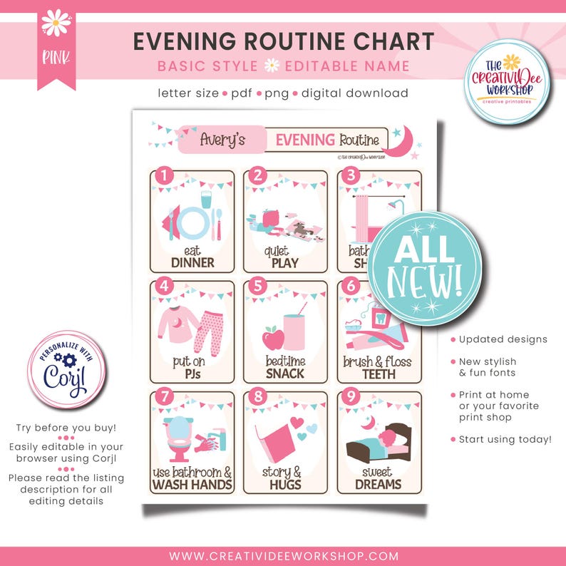 Evening Routine Chart for Children, Pink Daily Bedtime Tasks, Kid's ...