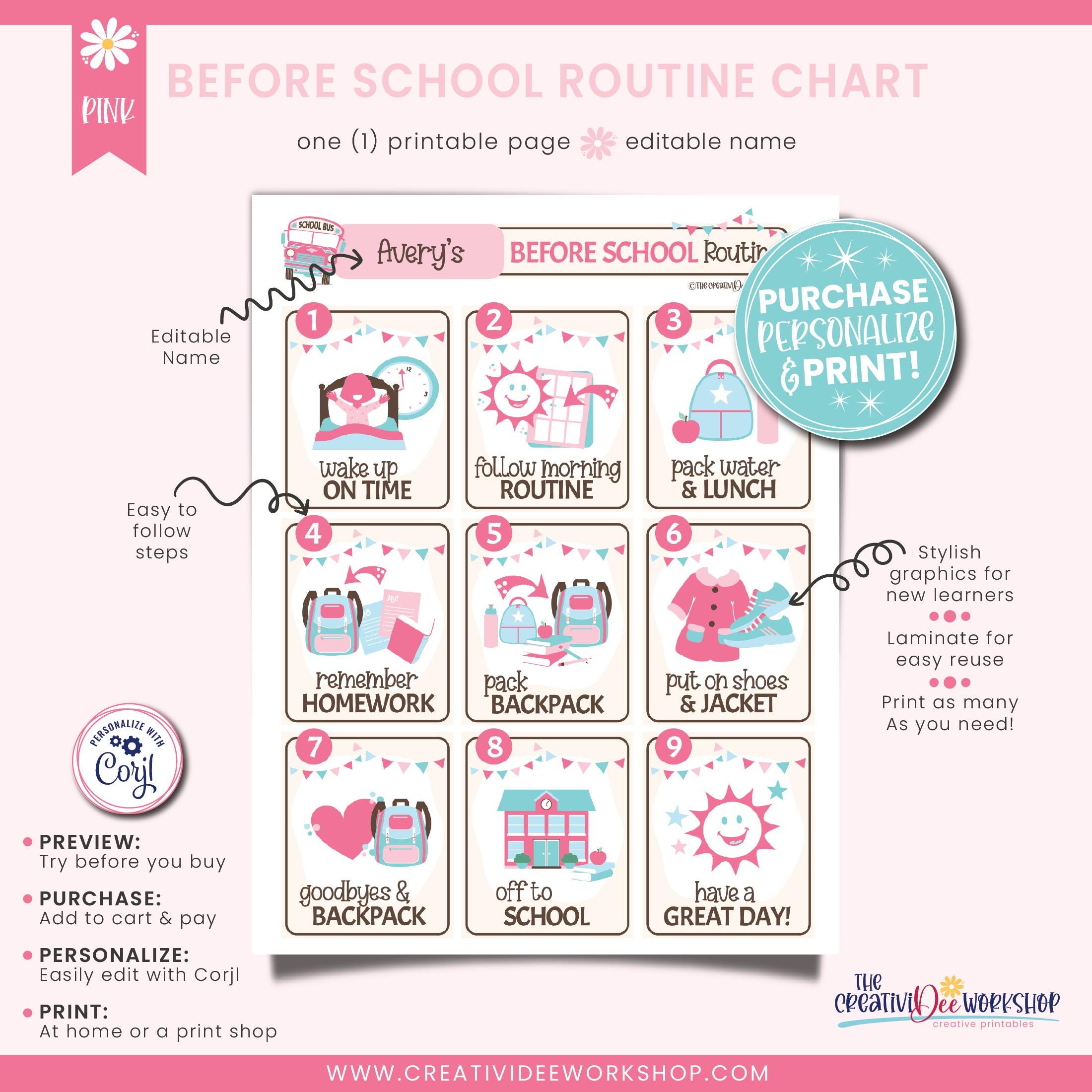 Personalized Pink Before School Routine Chart (printable) - Etsy