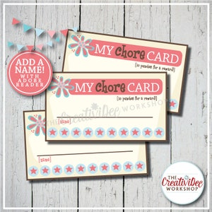 Chore Punch Cards | Punch Cards for Chores | Editable Name | Chore Tracker | Pink | Children&#39;s Cards | Punch Cards | Instant Download