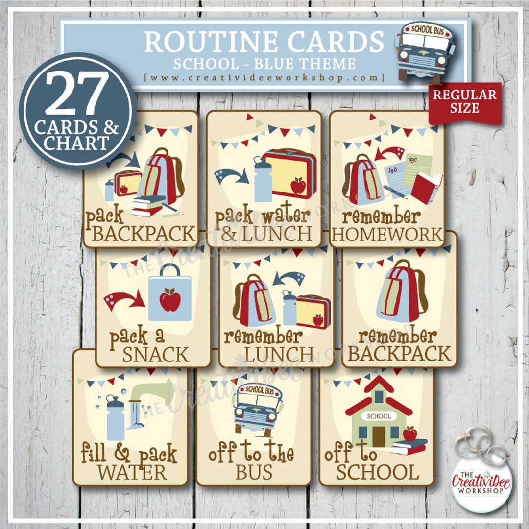 SCHOOL Routine Cards for Children, 27 Regular Size, Blue, Print at Home ...