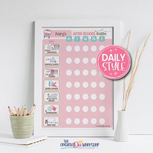 May include: A pink and white printable chart with a bus illustration and the text "Avery's After School Routine" and "Daily Style". The chart has a grid with days of the week and tasks for children to complete after school, such as "unpack backpack", "unpack lunch", "put away things", "wash hands", "after school snack", "do homework", and "free time".