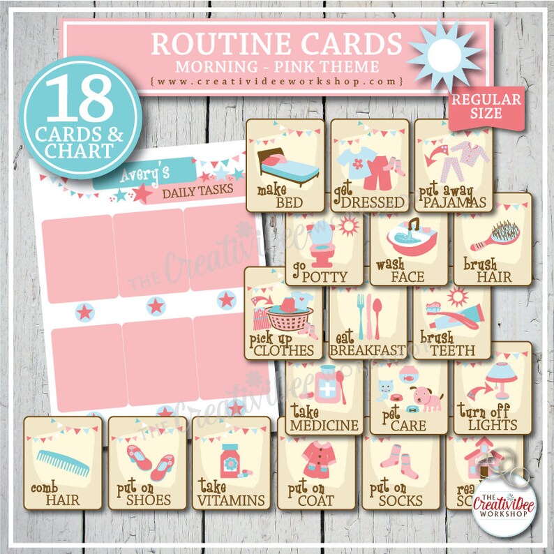 Morning Routing Card Morning Routine Cards, 18 Printable Pink Cards - Etsy