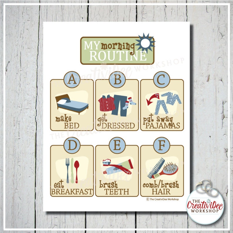 Morning Routine Chart, Children's Printable, Blue, Instant Download image 1