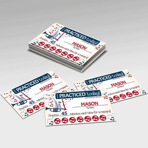 Practiced Instrument Punch Card for Kids, Editable Name and Practice Time, Music Tracker for Boys, Blue