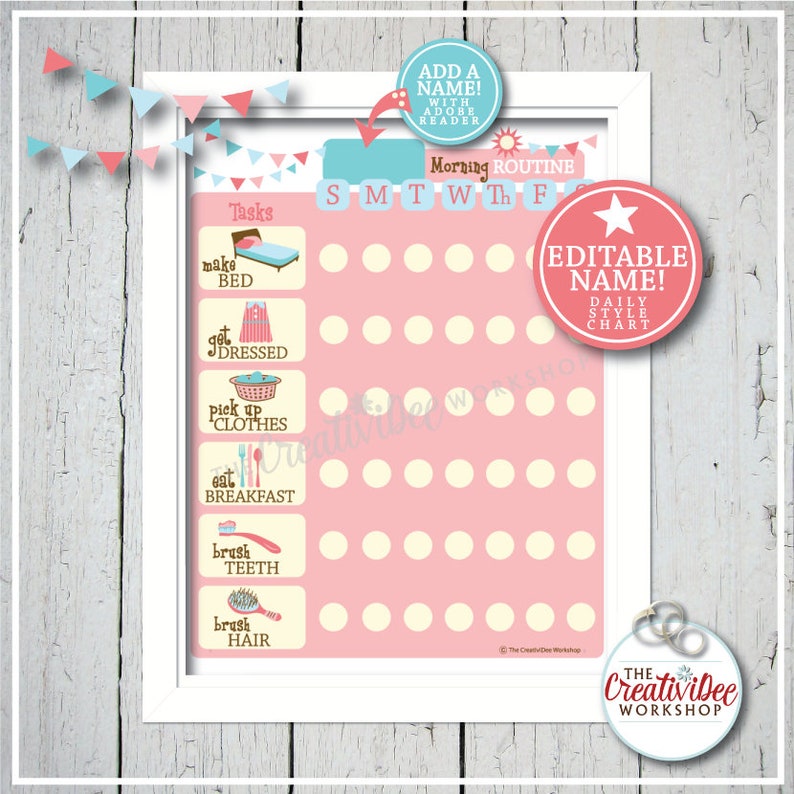 Printable Morning Routine Chart, EDITABLE NAME, Pink, Girl, DAILY ...