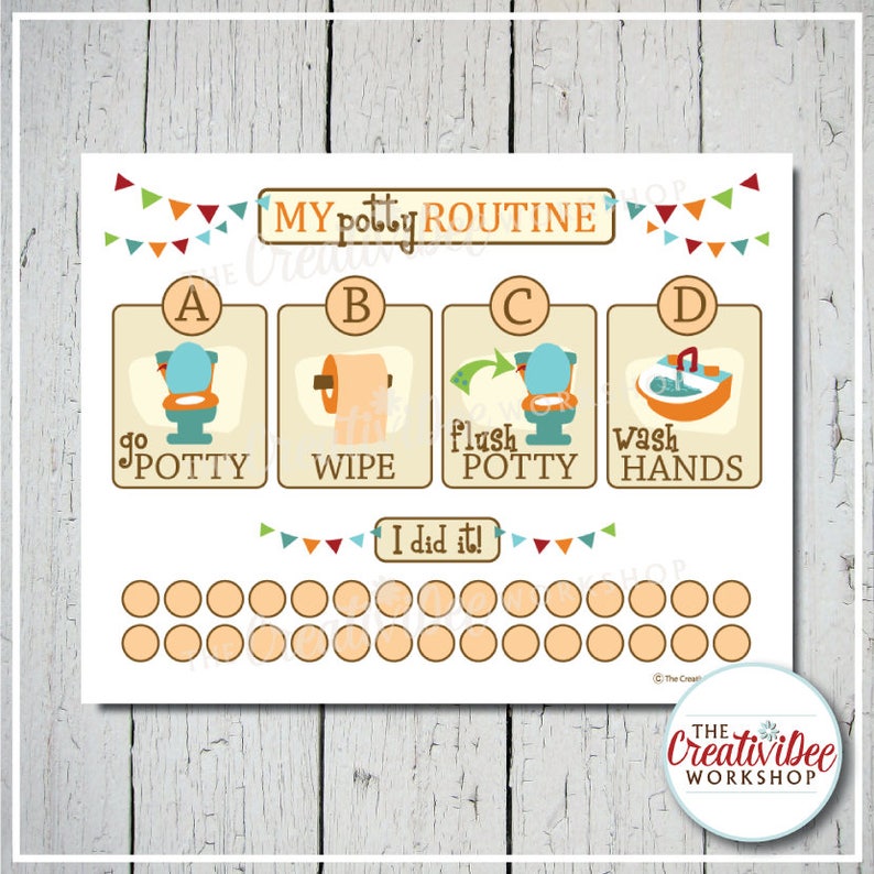 May include: A colorful chart with the title "MY potty ROUTINE" and four steps: go potty, wipe, flush potty, and wash hands. There are 30 circles below the steps for tracking progress.