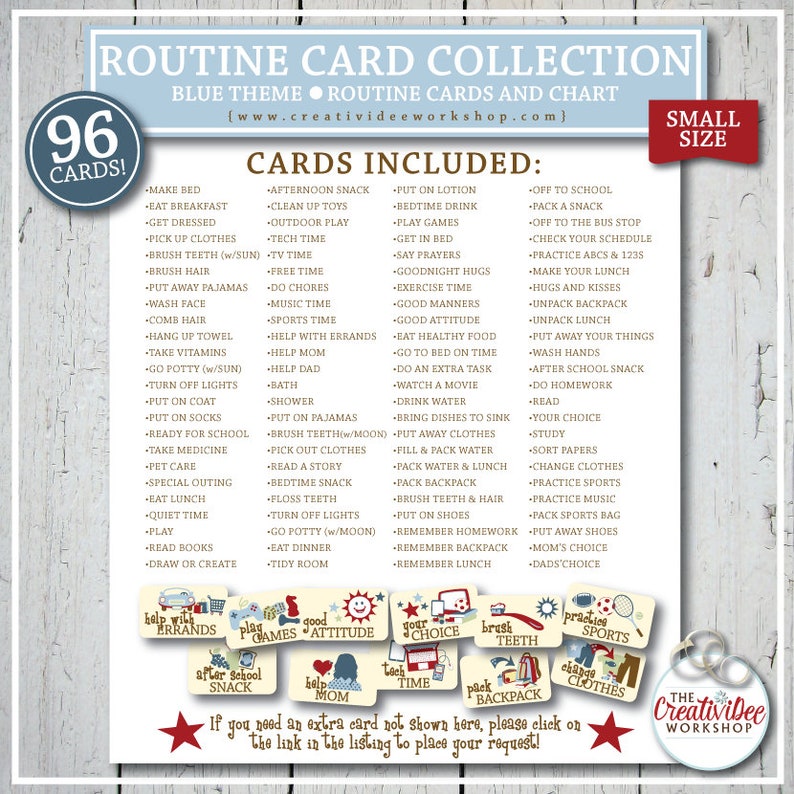 Printable ROUTINE Cards and Chart for Kids, 96 Total Cards, Blue, Small ...