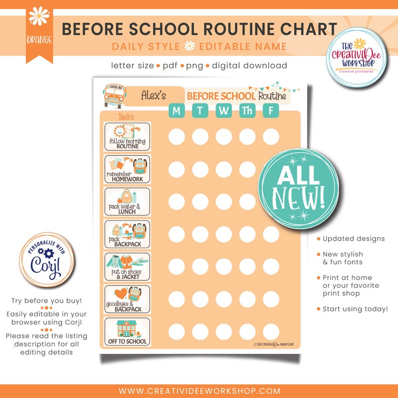 Children's Printable Before School Daily Routine Chart With Editable ...