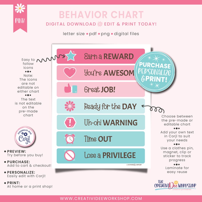 Pink Behavior Tracker Printable Behavior Chart, Editable, Pink Theme, Children's Learning ...