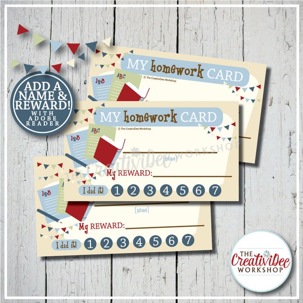 Homework Punch Card | Punch Card | Editable Name and Reward | Blue | Printable Punch Card | Instant Download | Schoolwork Card