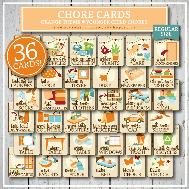Printable Chore Playing cards for Youthful Small children, Orange, 36 Playing cards and Chart, Print at Household photo about Printable Picture Chore Cards named Printable Chore Playing cards for Youthful Small children, Orange, 36 Playing cards and Chart, Print at House