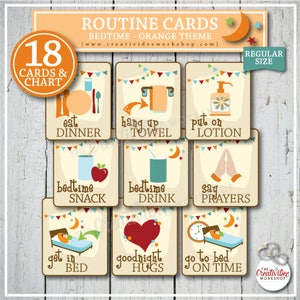 Bedtime Routine Cards for Children, 18 Total Cards, Orange Theme, Evening, Nighttime, Instant Download image 2