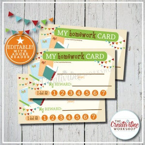 Homework Punch Cards Schoolwork Punch Card Editable Homework Card Orange Printable Punch Card Instant Download Editable image 1