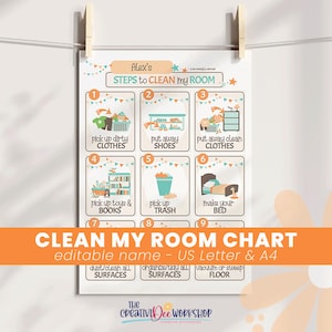 May include: A colourful "Clean My Room" chart with illustrated steps for tidying up. Includes prompts like "pick up dirty clothes" and "make your bed." The chart is designed for children and is held by wooden clips.