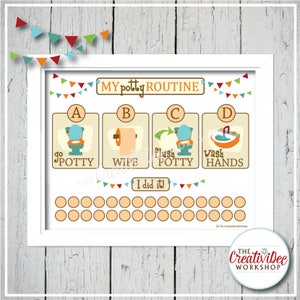 May include: A colorful chart with the title "MY potty ROUTINE" and four steps for potty training: go potty, wipe, flush potty, and wash hands. There are 24 circles for tracking progress.
