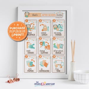 May include: A printable chart with a colorful design and illustrations for an after school routine. The chart is titled "Alex's After School Routine" and includes tasks like unpack backpack, unpack lunch, put away things, wash hands, change clothes, after school snack, sort papers, do homework, and free time.