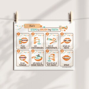 Children's Teeth Brushing Routine Chart, Editable Name, Instant Download, Orange Theme