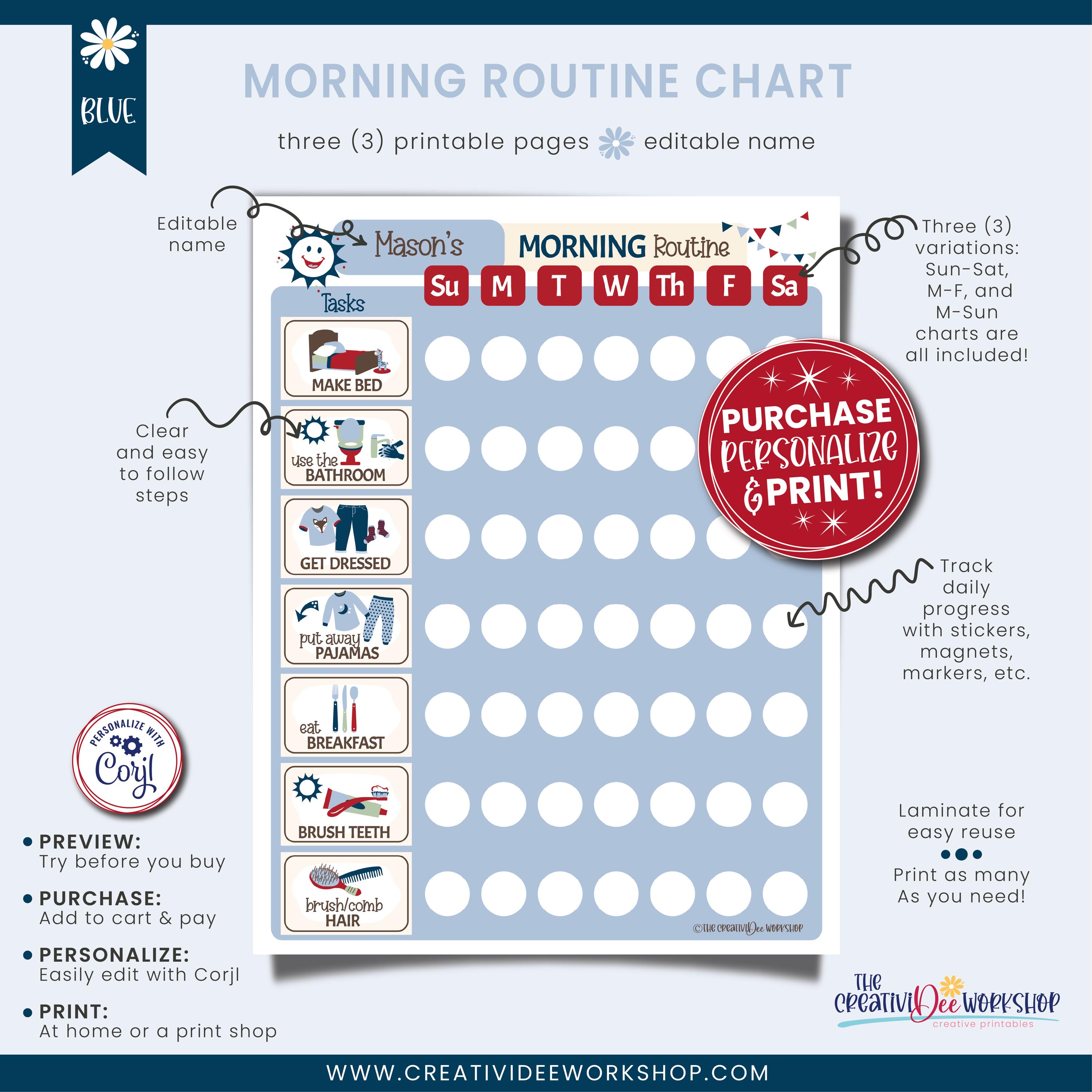 Personalized Kid's Morning Routine Chart – Blue Daily Checklist ...