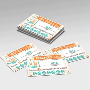 Könnte beinhalten: Musikübungs-Belohnungskarten mit dem Text "I PRACTICED today!" in Orange. Jede Karte hat Platz für einen Namen und Grafiken von Musikinstrumenten. Die Karten sind hellbeige mit türkisfarbenen und orangenen Akzenten. Die Karten sind für 45 Minuten Üben.
