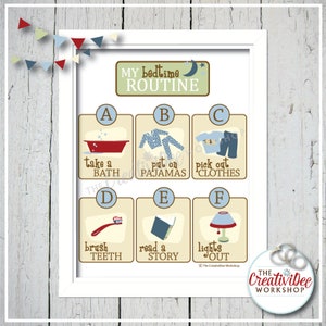 May include: A colorful chart with the letters A through F, each with an illustration and a bedtime routine activity. The activities are: take a bath, put on pajamas, pick out clothes, brush teeth, read a story, and lights out. The chart has a green banner at the top that says "My Bedtime Routine".