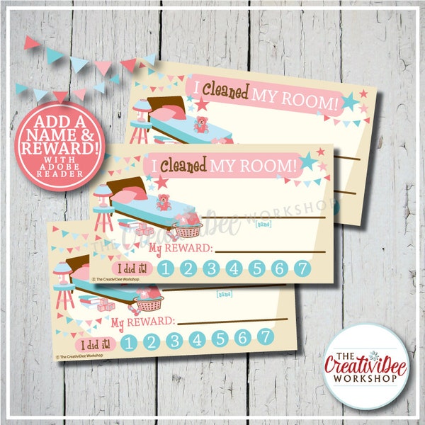 Cleaned My Room Punch Cards, Print at Home, Editable Name and Reward, Pink
