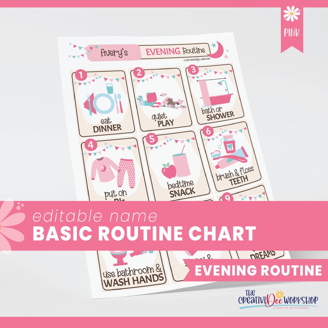 Evening Routine Chart for Children, Pink Daily Bedtime Tasks, Kid's ...