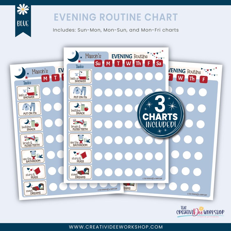 Personalized Evening Routine Chart – Blue Kids Bedtime Checklist ...