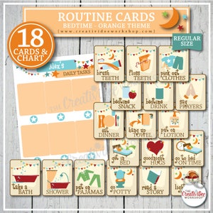 Bedtime Routine Cards for Children, 18 Total Cards, Orange Theme, Evening, Nighttime, Instant Download image 3