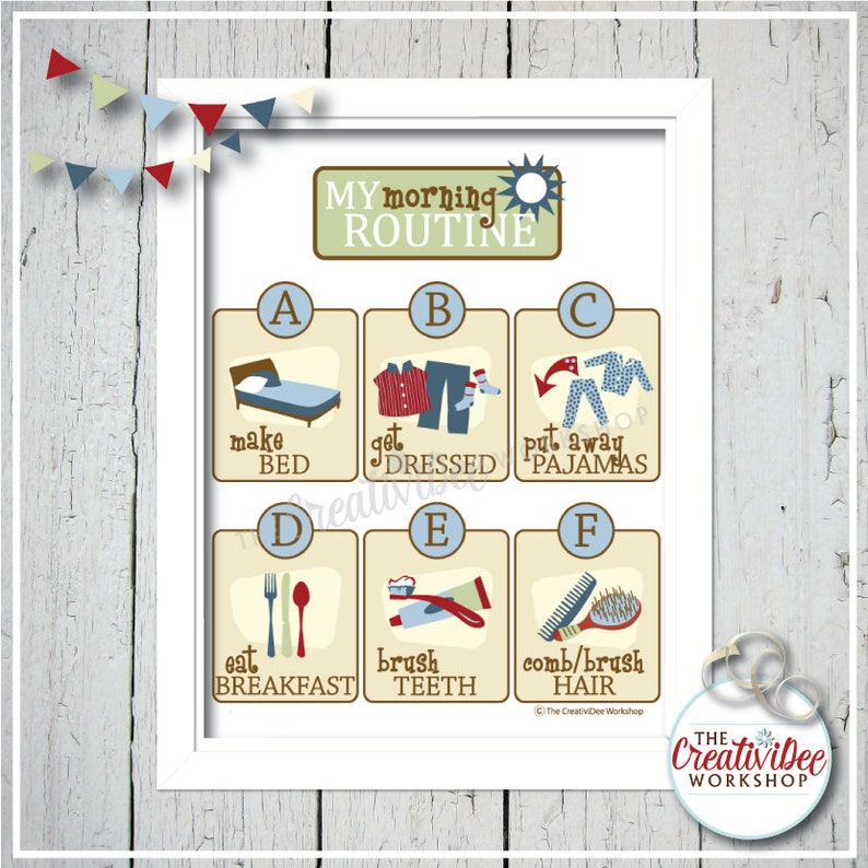 Morning Routine Chart, Children's Printable, Blue, Instant Download image 2