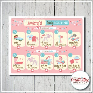 Printable Daily Routine Chart, Morning and Evening Chores for Children, Pink