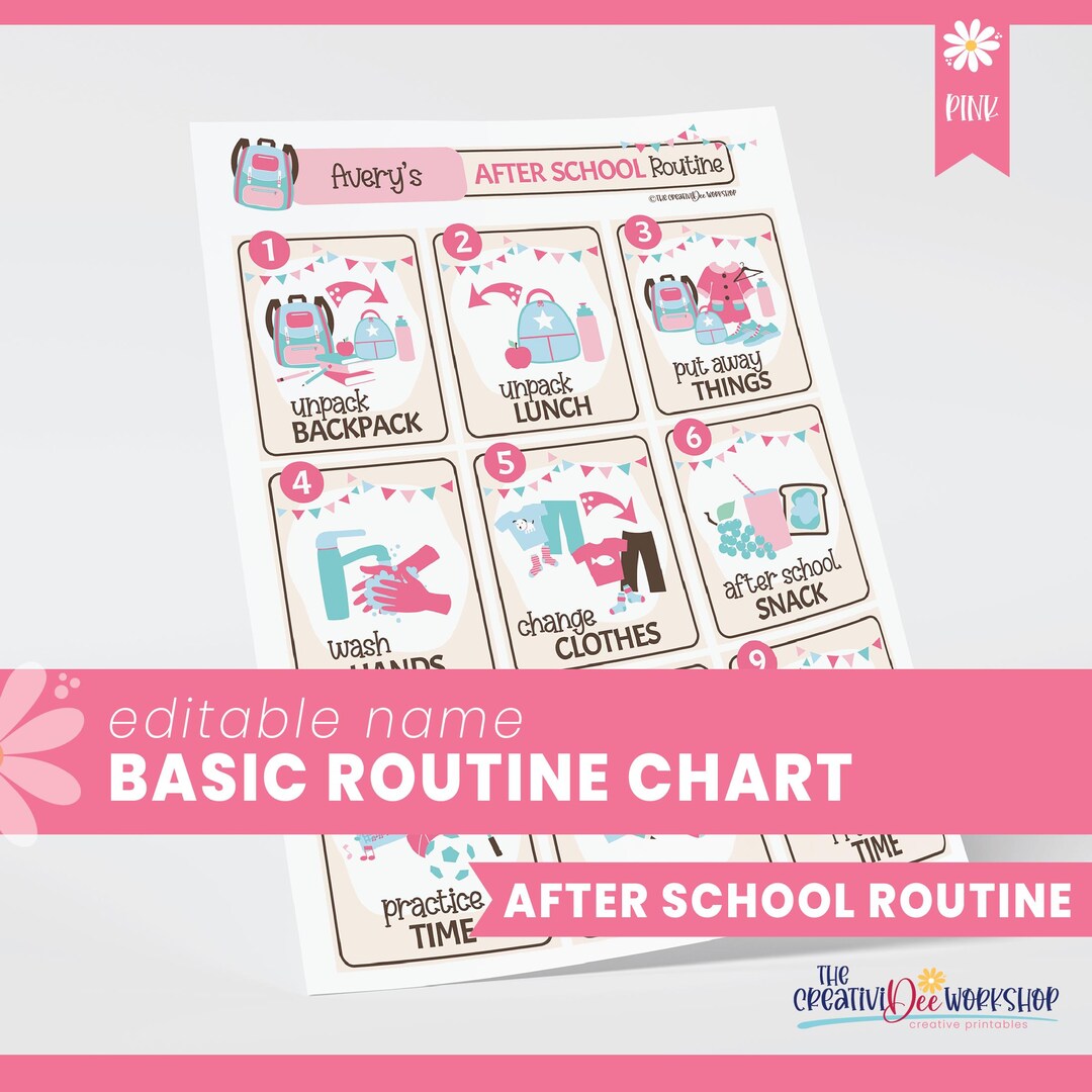 After School Routine Chart, Pink Daily Rhythm Chart, Kid's Personalized ...
