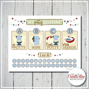 May include: A potty training chart with four steps: go potty, wipe, flush potty, and wash hands. The chart includes a space to mark progress with blue circles. The words "My Potty Routine" are at the top.