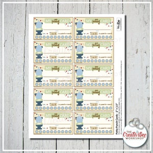 May include: Ten printable potty training punch cards with a blue and white toilet graphic, red, white, and blue bunting, and the text "My Potty Card". Each card has 10 circles for punching.