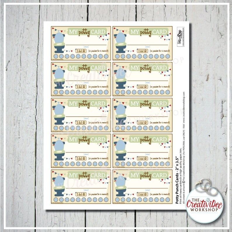 May include: Ten printable potty training punch cards with a blue and white toilet graphic, red, white, and blue bunting, and the text "My Potty Card". Each card has 10 circles for punching.