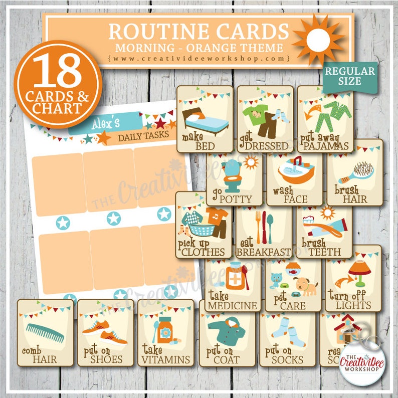 Morning Routine Cards, 18 Cards, Print at Home, Orange image 3