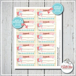 May include: Printable homework punch cards with a cute vintage design. The cards are pink, blue, and yellow with a banner of flags and a stack of books. The text on the cards says "My Homework Card" and includes a space for a reward and a section to track completed homework.
