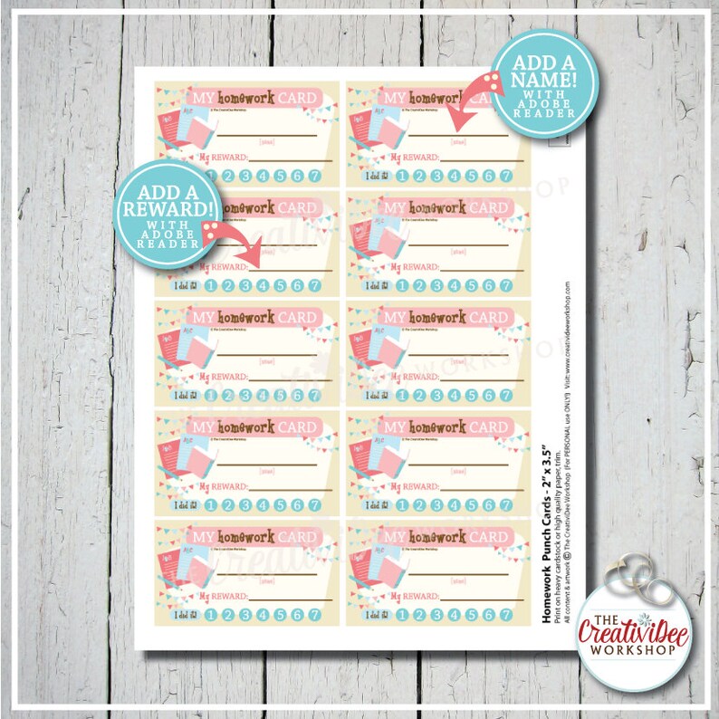 May include: Printable homework punch cards with a cute vintage design. The cards are pink, blue, and yellow with a banner of flags and a stack of books. The text on the cards says "My Homework Card" and includes a space for a reward and a section to track completed homework.