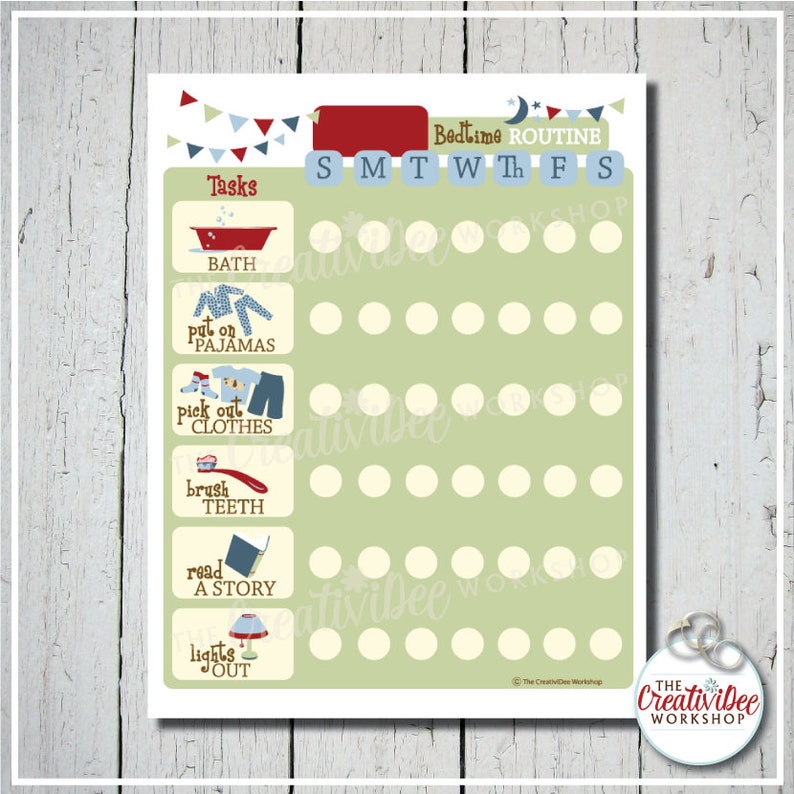 DAILY Bedtime Printable Routine or Chore Chart Blue EDITABLE image 0
