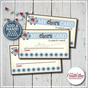 Chore Punch Cards | Punch Cards for Chores | Editable Name | Chore Tracker | Blue | Children&#39;s Cards | Boy Punch Cards | Instant Download