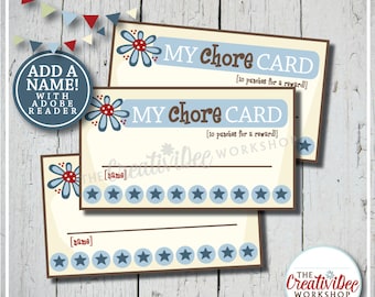 Chore Punch Cards | Punch Cards for Chores | Editable Name | Chore Tracker | Blue | Children's Cards | Boy Punch Cards | Instant Download