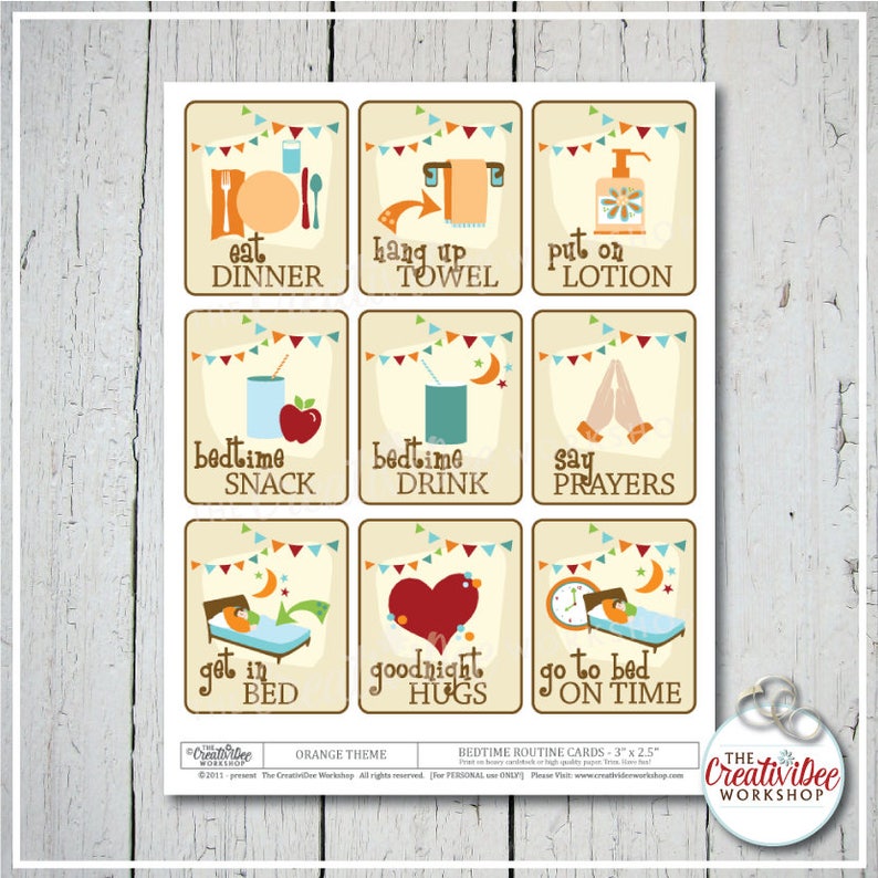 Bedtime Routine Cards for Children, 18 Total Cards, Orange Theme, Evening, Nighttime, Instant Download image 6