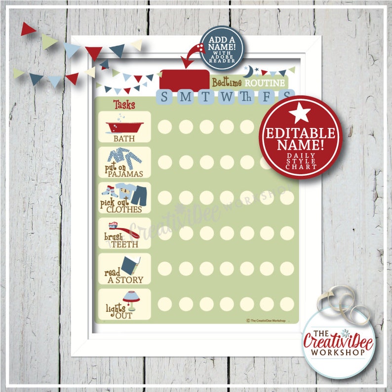 DAILY Bedtime Printable Routine or Chore Chart Blue EDITABLE image 1