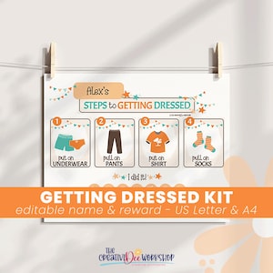 Può includere: Un "Kit per vestirsi" stampabile con passaggi per vestirsi, tra cui biancheria intima, pantaloni, camicia e calzini. Il kit è progettato per i bambini e include una sezione nome e ricompensa modificabile. Il design è arancione, verde acqua e marrone.