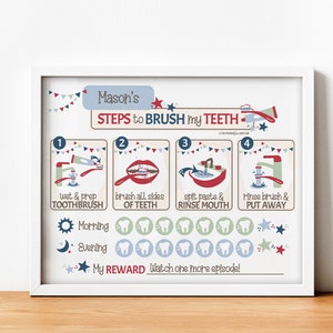Printable Brush My Teeth Chart, Children's Daily Routine, Editable Name and Reward, Blue Theme, Basic