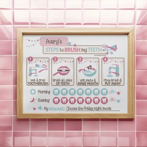Children's Printable Brush My Teeth Chart, Editable Name and Reward, Routine Chart, Pink Theme, Basic