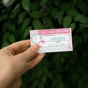 Printable Ready on Time Punch Card for Kids, Pink Time Tracker, Editable Name and Reward, Children's Morning Routine Cards