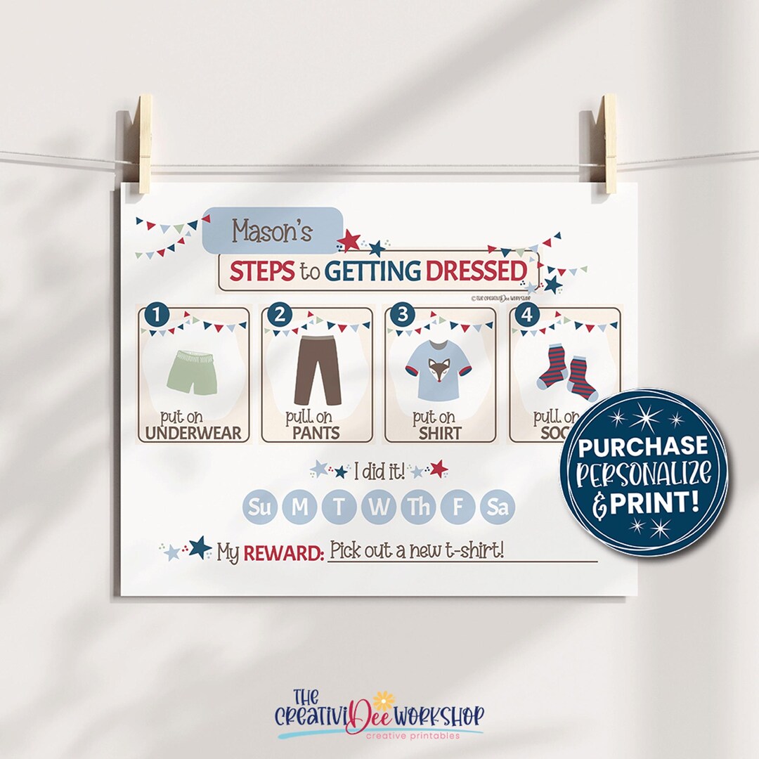 Getting Dressed Chart for Kids, Printable Blue Preschool Prep Chart ...